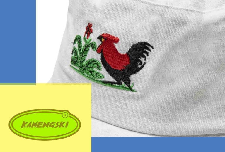 Logo Kamengski dan topi bucket hat gambar mangkok ayam